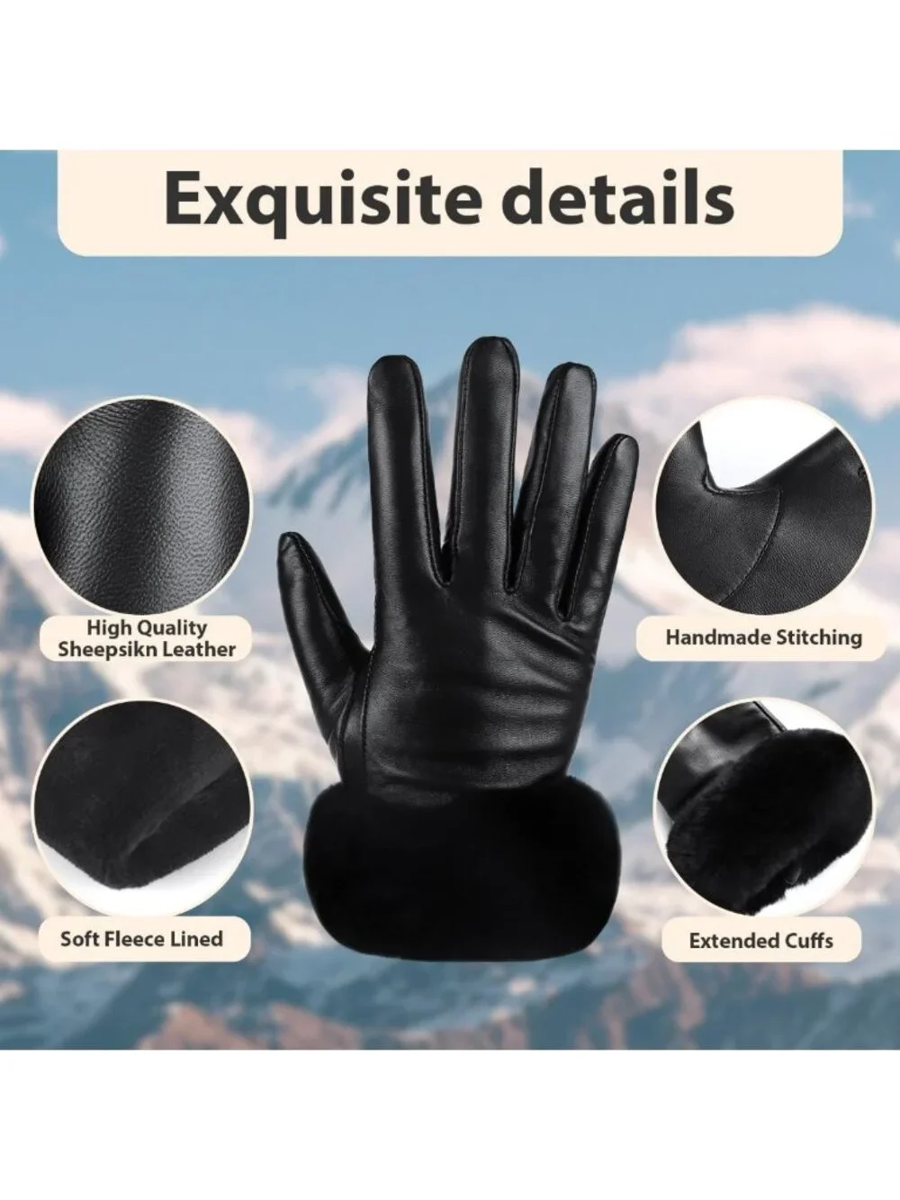 Warm Winter Leather Gloves for Women | Touchscreen, Rabbit Fur Cuff, Black